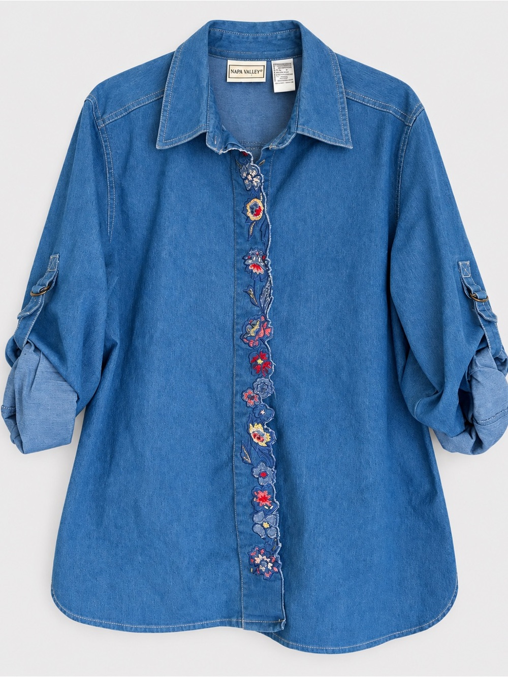 Napa Valley Embroidered Chambray Shirt Women’s L Roll Tab Blue